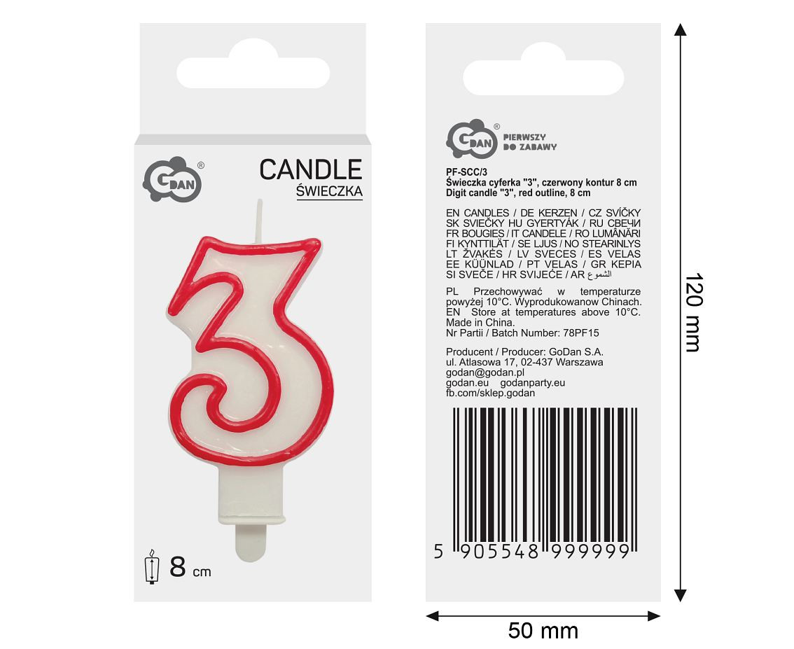 Świeczka cyferka "3", czerwony kontur 8 cm